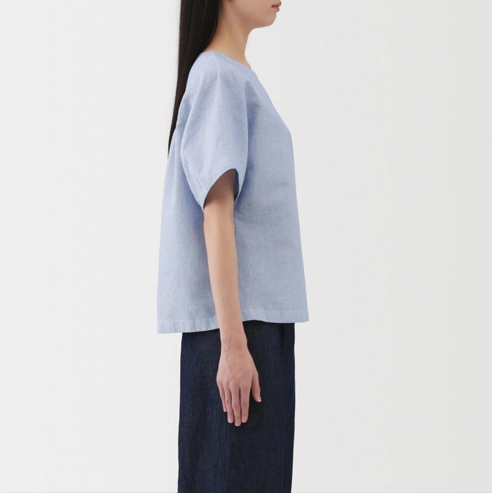 MUJI Women's Hemp Cotton Short Sleeve Blue Striped Blouse cooling fabric - Picture 2 of 6